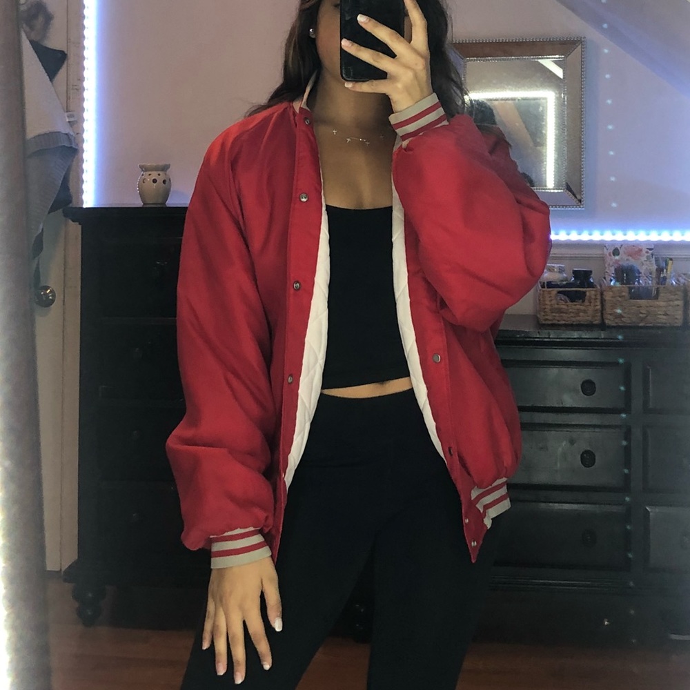 Red oversized bomber jacket